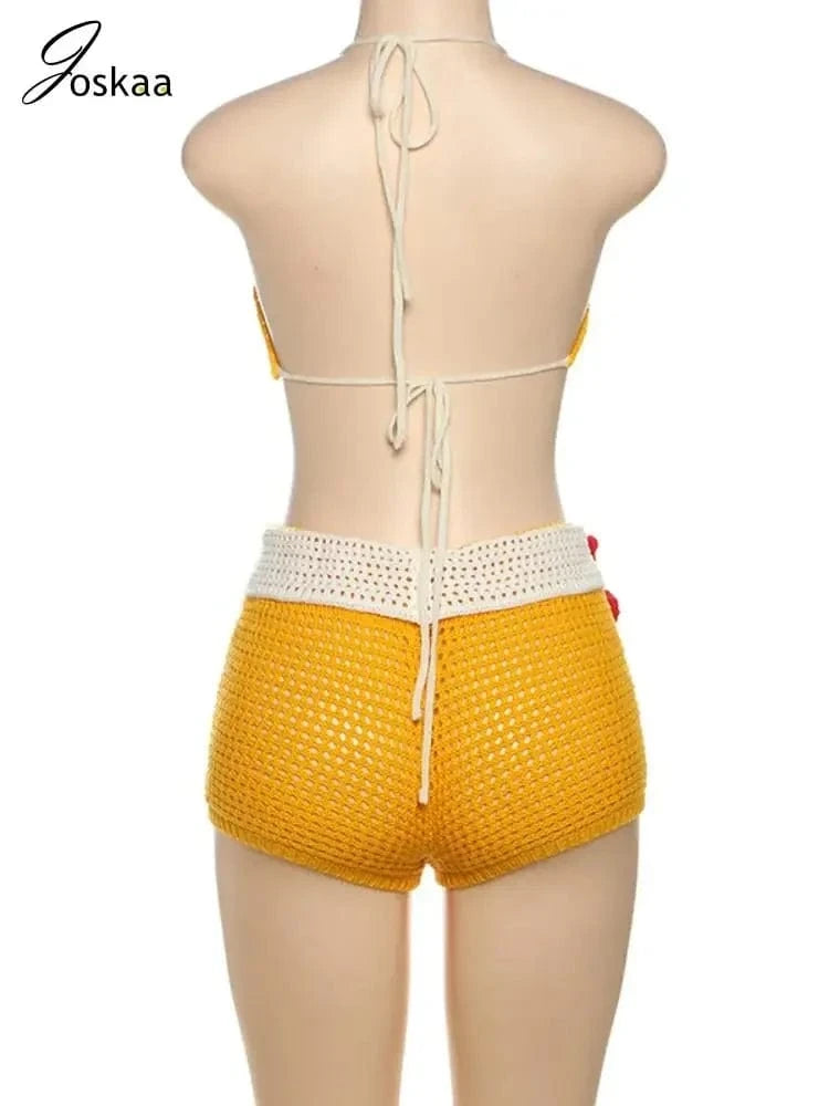 Joskaa 3D Flower Knit Beach Style 2 Piece Sets Women Sexy Halter Bra and Patchwork Shorts Matching 2025 Summer Holiday Outfits