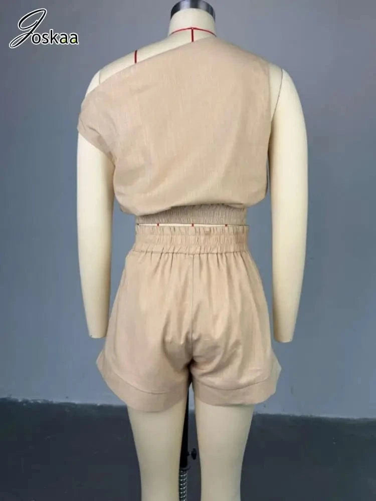 Joskaa Casual 2 Piece Sets Women Off Shoulder Sleeveless Shirt Tops and High Waist Wide Leg Shorts Matching 2025 Streetwear
