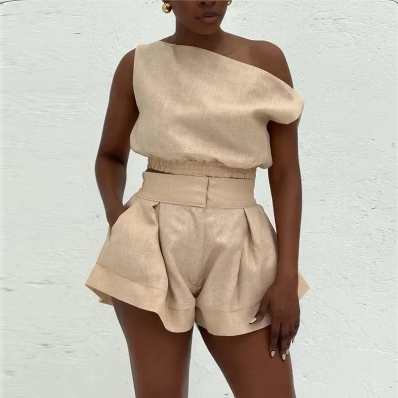 Joskaa Casual 2 Piece Sets Women Off Shoulder Sleeveless Shirt Tops and High Waist Wide Leg Shorts Matching 2025 Streetwear