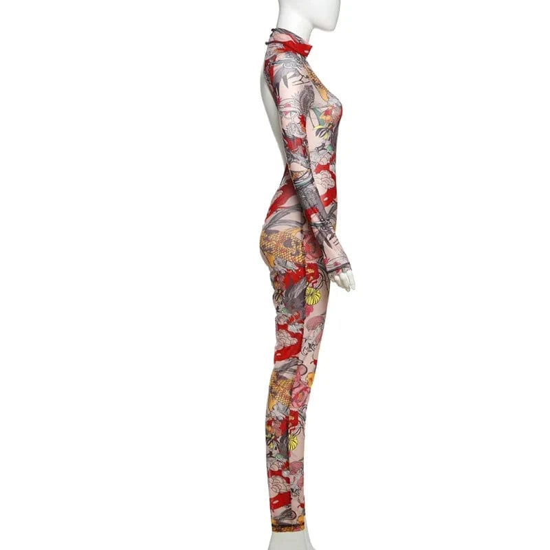 Joskaa Colorful Print Mesh Backless Jumpsuit Women Sexy See Through Full Sleeve Skinny Overalls 2025 Coquette Midnight Clubwear