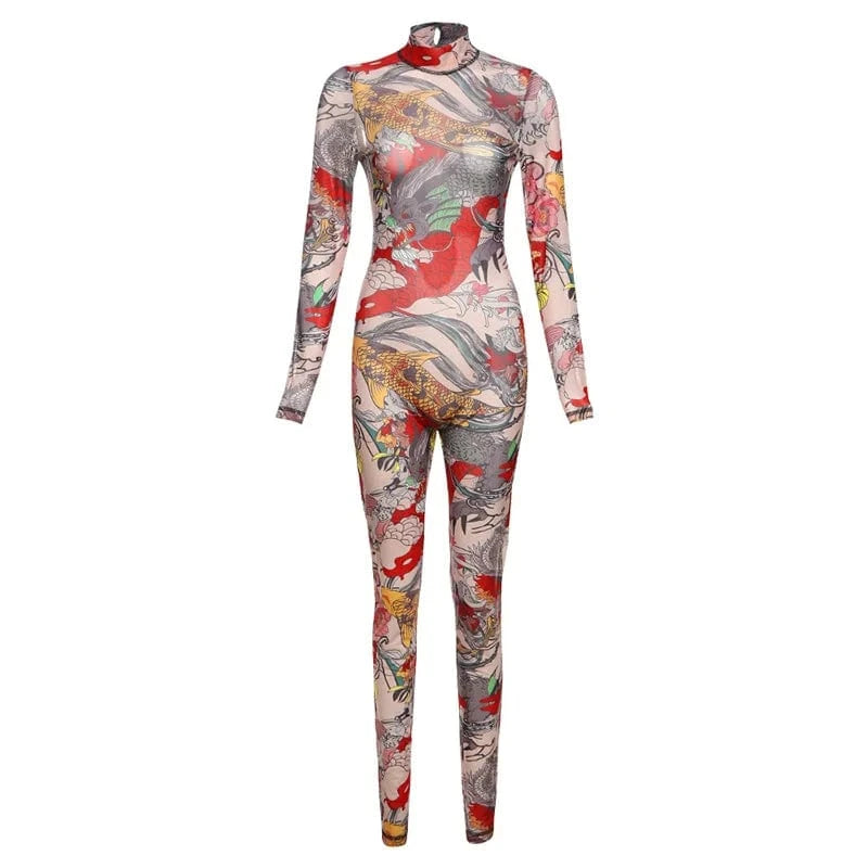 Joskaa Colorful Print Mesh Backless Jumpsuit Women Sexy See Through Full Sleeve Skinny Overalls 2025 Coquette Midnight Clubwear