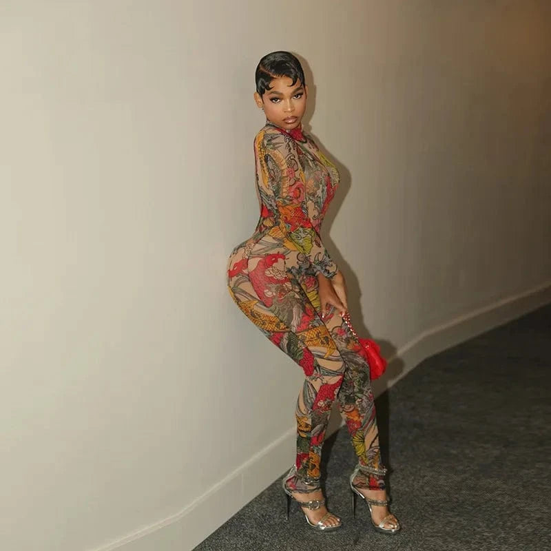 Joskaa Colorful Print Mesh Backless Jumpsuit Women Sexy See Through Full Sleeve Skinny Overalls 2025 Coquette Midnight Clubwear