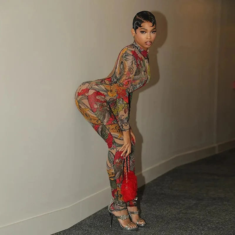 Joskaa Colorful Print Mesh Backless Jumpsuit Women Sexy See Through Full Sleeve Skinny Overalls 2025 Coquette Midnight Clubwear