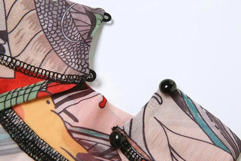 Joskaa Colorful Print Mesh Backless Jumpsuit Women Sexy See Through Full Sleeve Skinny Overalls 2025 Coquette Midnight Clubwear
