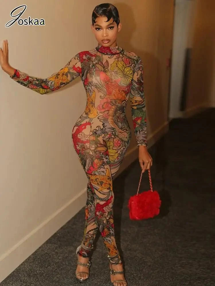 Joskaa Colorful Print Mesh Backless Jumpsuit Women Sexy See Through Full Sleeve Skinny Overalls 2025 Coquette Midnight Clubwear