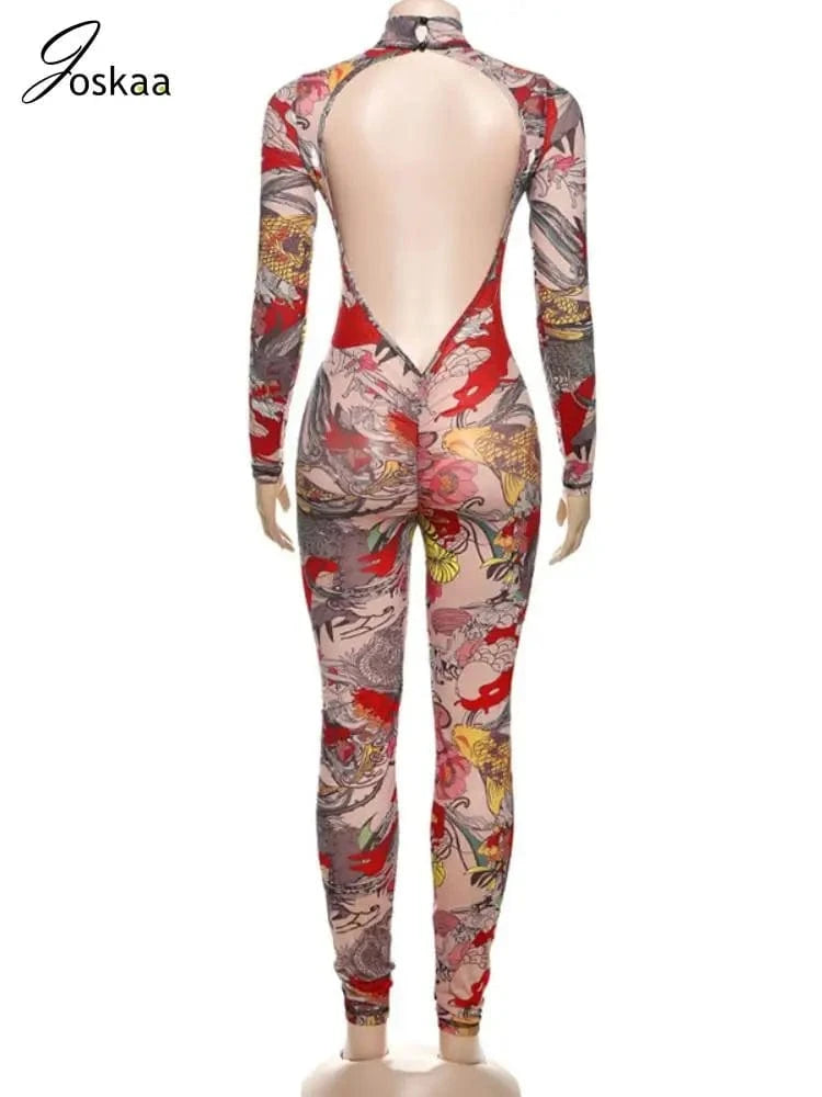 Joskaa Colorful Print Mesh Backless Jumpsuit Women Sexy See Through Full Sleeve Skinny Overalls 2025 Coquette Midnight Clubwear
