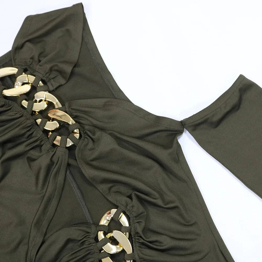 Joskaa Elegant Metal Decoration Hollow Birthday Dress Woman Sexy Irregular Full Sleeve High Split Maxi Dresses 2025 Clubwear