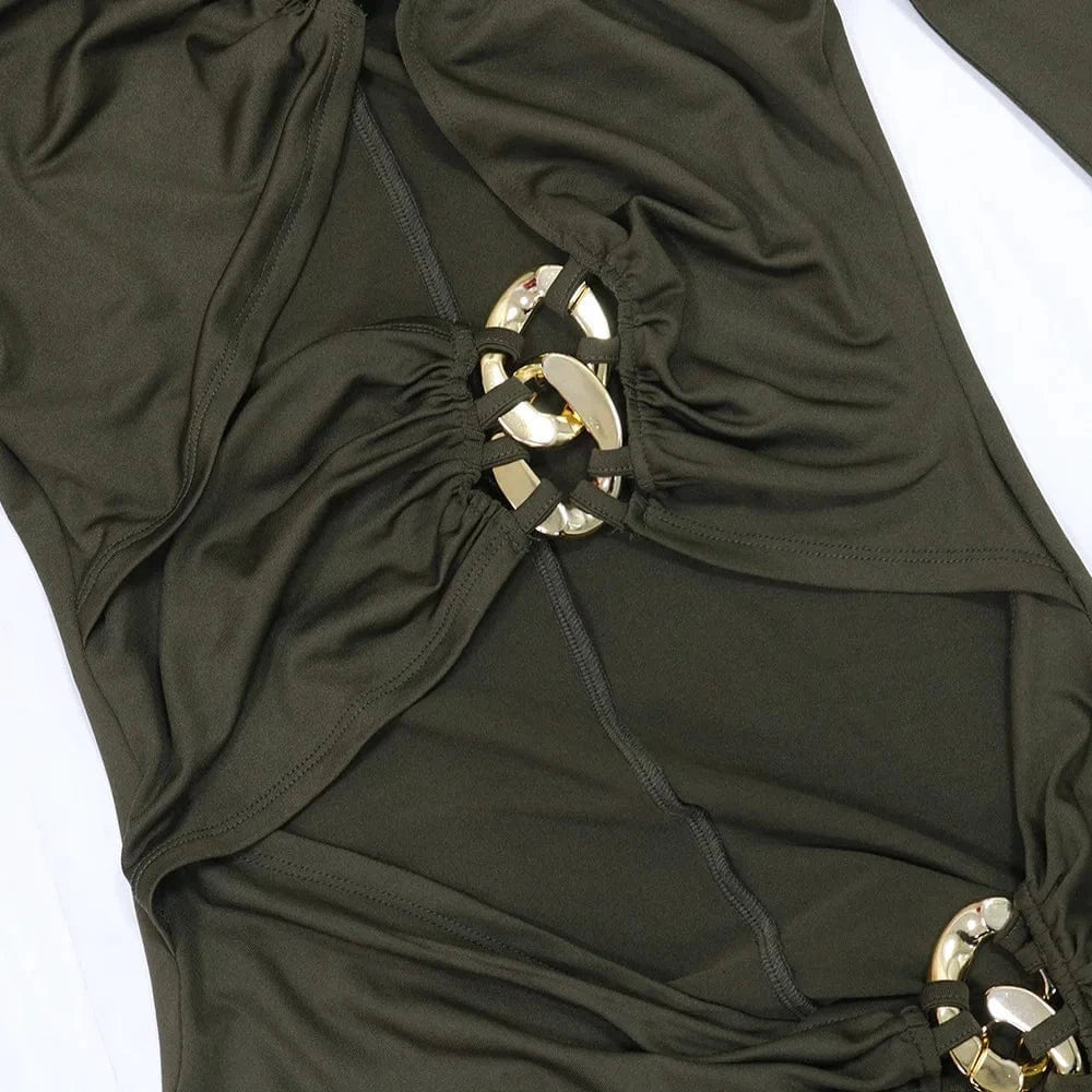 Joskaa Elegant Metal Decoration Hollow Birthday Dress Woman Sexy Irregular Full Sleeve High Split Maxi Dresses 2025 Clubwear