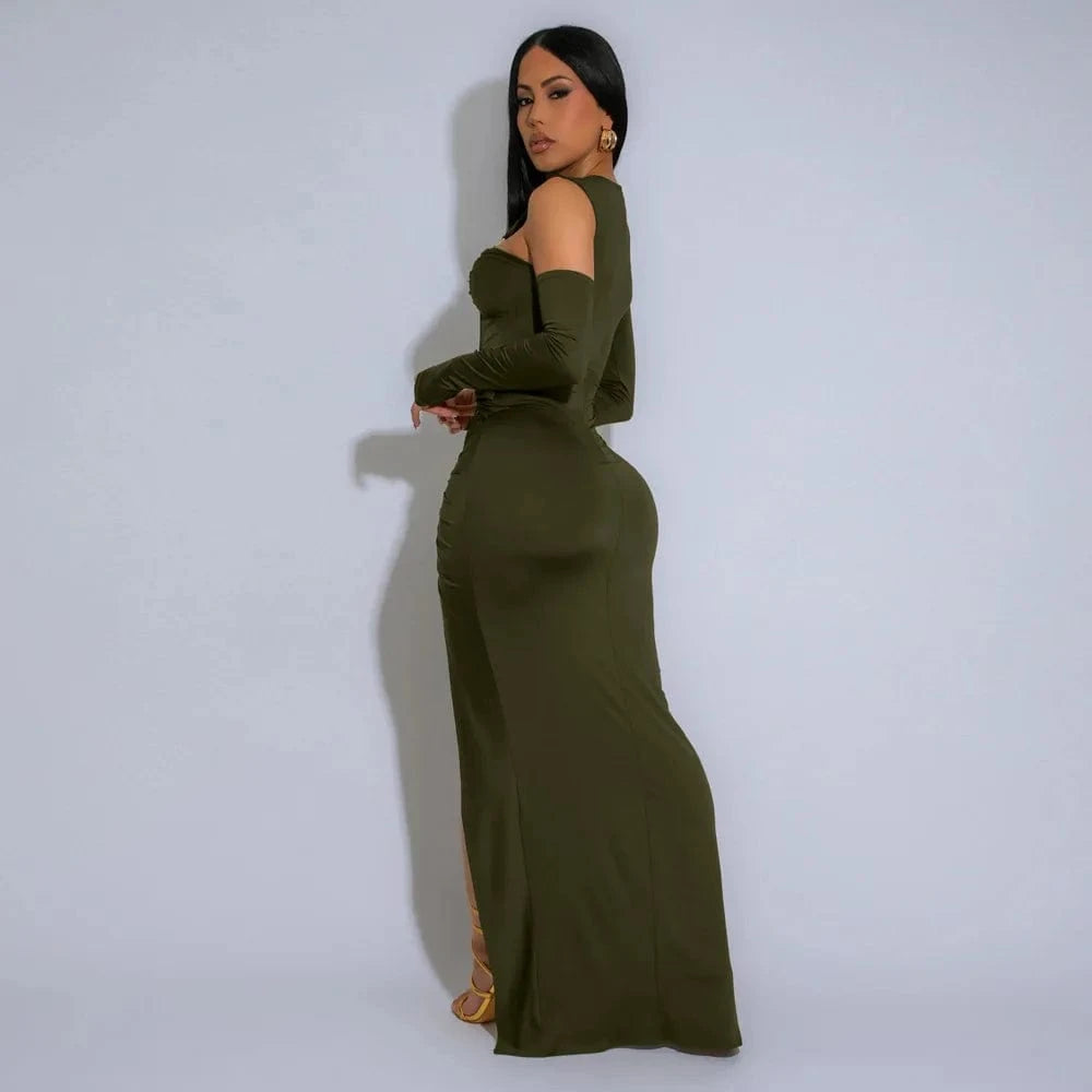 Joskaa Elegant Metal Decoration Hollow Birthday Dress Woman Sexy Irregular Full Sleeve High Split Maxi Dresses 2025 Clubwear