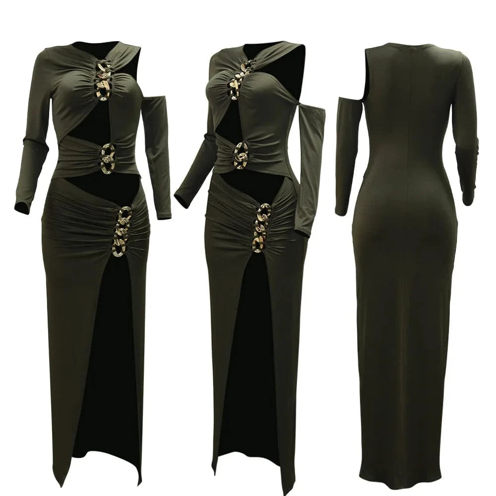 Joskaa Elegant Metal Decoration Hollow Birthday Dress Woman Sexy Irregular Full Sleeve High Split Maxi Dresses 2025 Clubwear