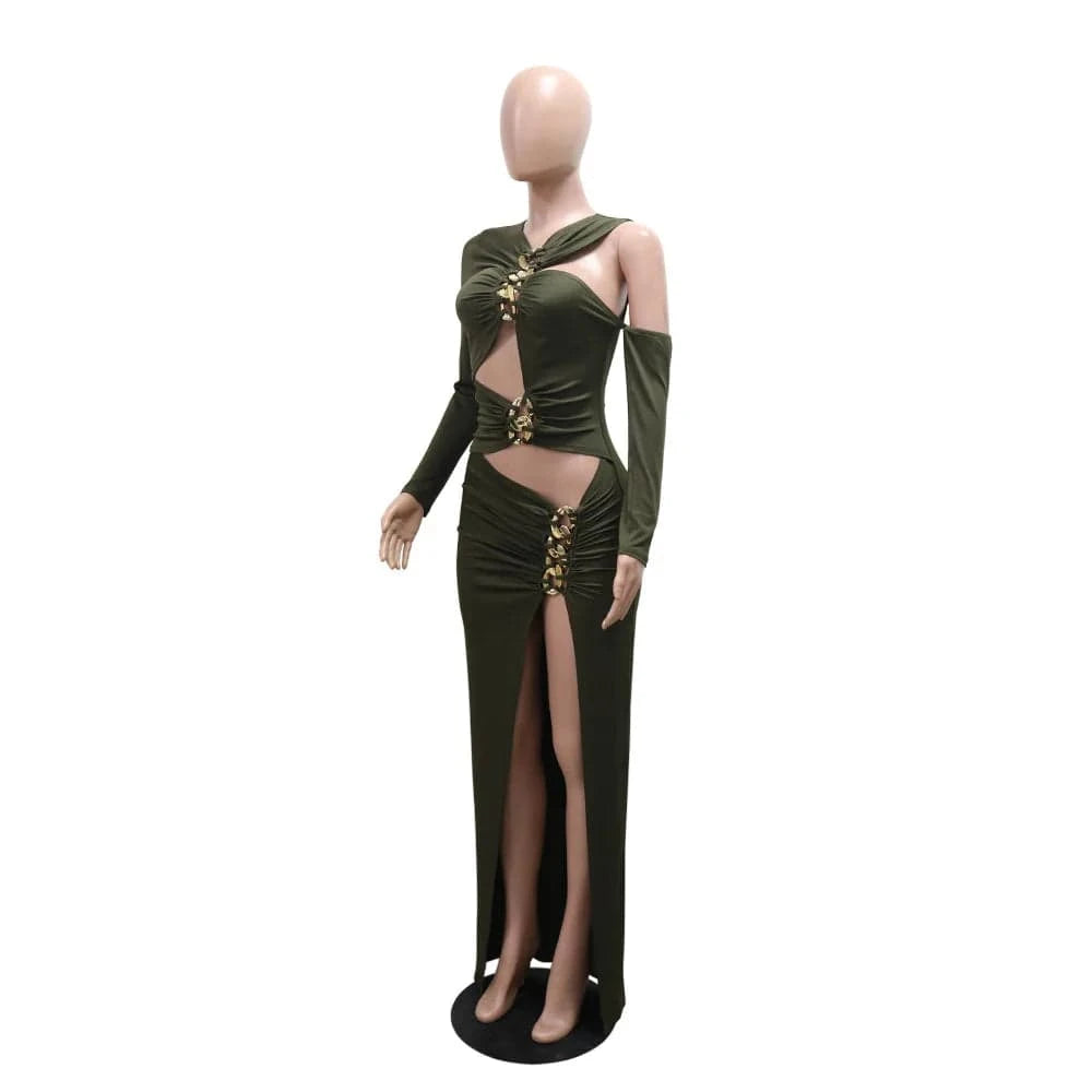 Joskaa Elegant Metal Decoration Hollow Birthday Dress Woman Sexy Irregular Full Sleeve High Split Maxi Dresses 2025 Clubwear