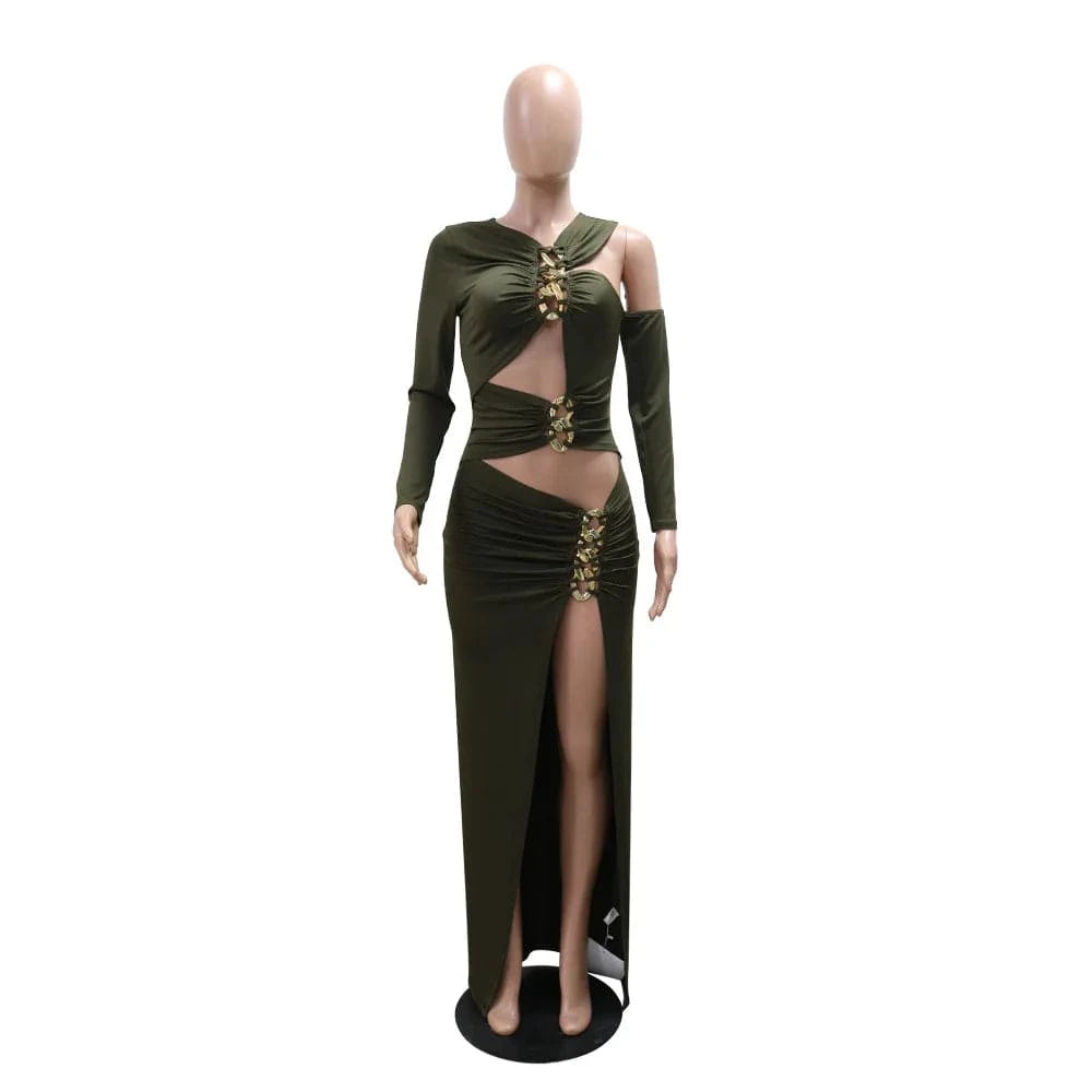 Joskaa Elegant Metal Decoration Hollow Birthday Dress Woman Sexy Irregular Full Sleeve High Split Maxi Dresses 2025 Clubwear