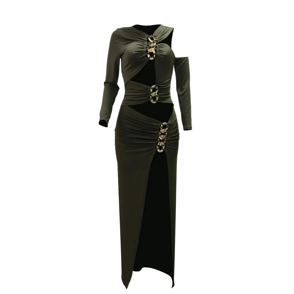 Joskaa Elegant Metal Decoration Hollow Birthday Dress Woman Sexy Irregular Full Sleeve High Split Maxi Dresses 2025 Clubwear