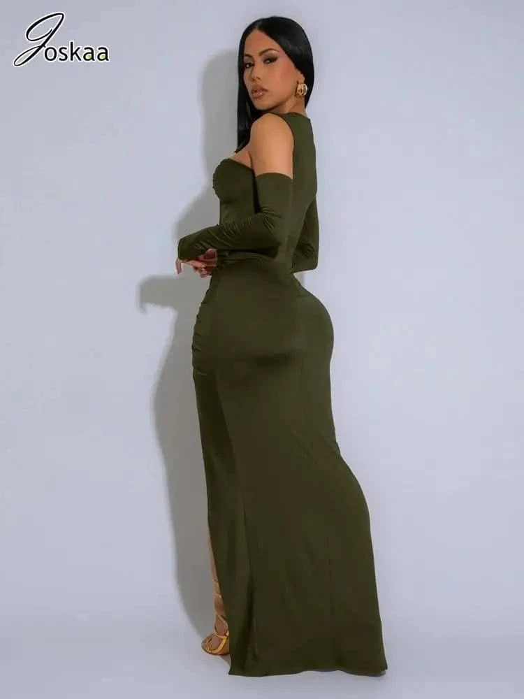 Joskaa Elegant Metal Decoration Hollow Birthday Dress Woman Sexy Irregular Full Sleeve High Split Maxi Dresses 2025 Clubwear