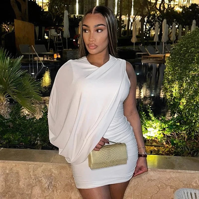 Joskaa Elegant Pleated O-Neck Asymmetric Single Sleeve Body-Shaping Mini Dresses for Women 2025 Summer Holiday Party Clubwear