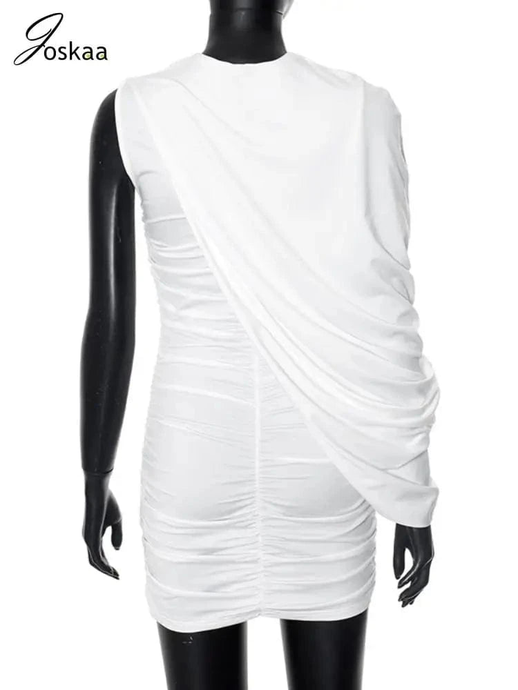 Joskaa Elegant Pleated O-Neck Asymmetric Single Sleeve Body-Shaping Mini Dresses for Women 2025 Summer Holiday Party Clubwear
