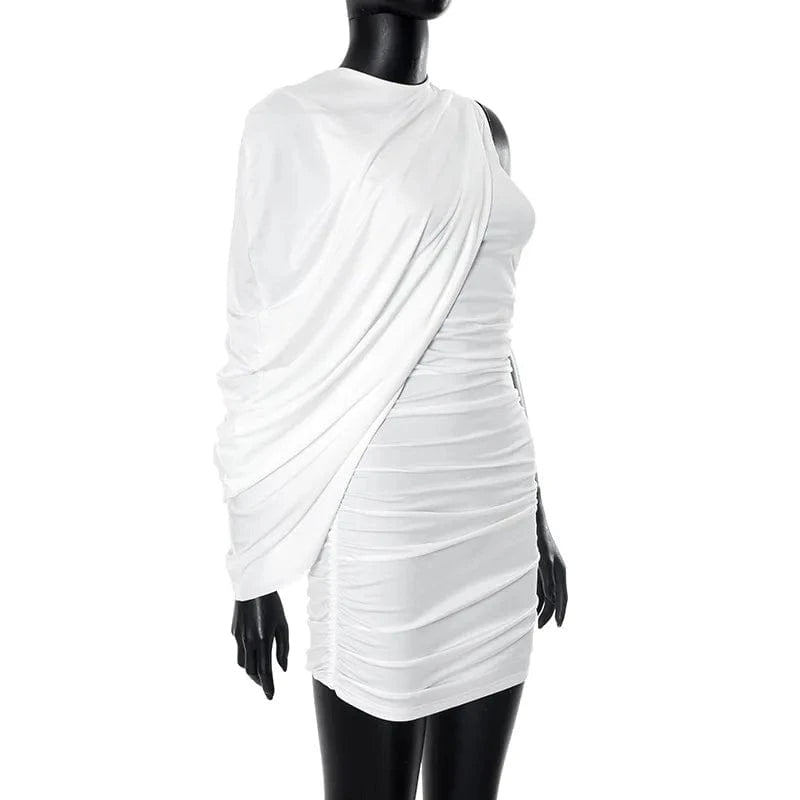 Joskaa Elegant Pleated O-Neck Asymmetric Single Sleeve Body-Shaping Mini Dresses for Women 2025 Summer Holiday Party Clubwear