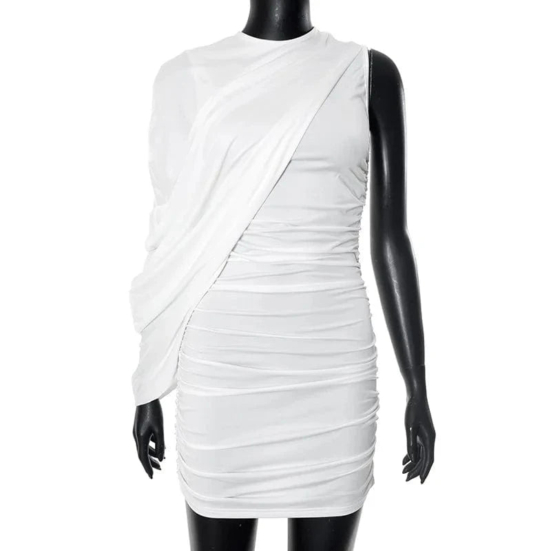 Joskaa Elegant Pleated O-Neck Asymmetric Single Sleeve Body-Shaping Mini Dresses for Women 2025 Summer Holiday Party Clubwear