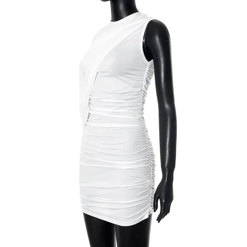 Joskaa Elegant Pleated O-Neck Asymmetric Single Sleeve Body-Shaping Mini Dresses for Women 2025 Summer Holiday Party Clubwear