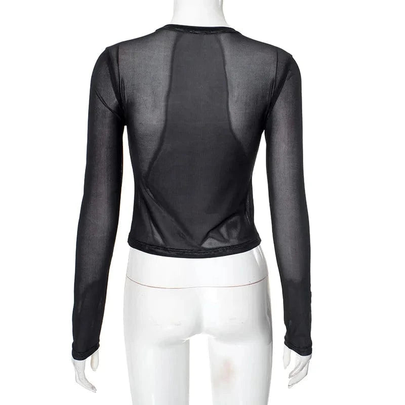Joskaa Fashion 3D Print Mesh Y2K T-Shirts Women Hipster Sexy O-Neck Long Sleeve Crop Tops Party Club Graphic Tees Streetwear