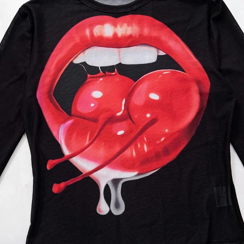 Joskaa Fashion 3D Print Mesh Y2K T-Shirts Women Hipster Sexy O-Neck Long Sleeve Crop Tops Party Club Graphic Tees Streetwear