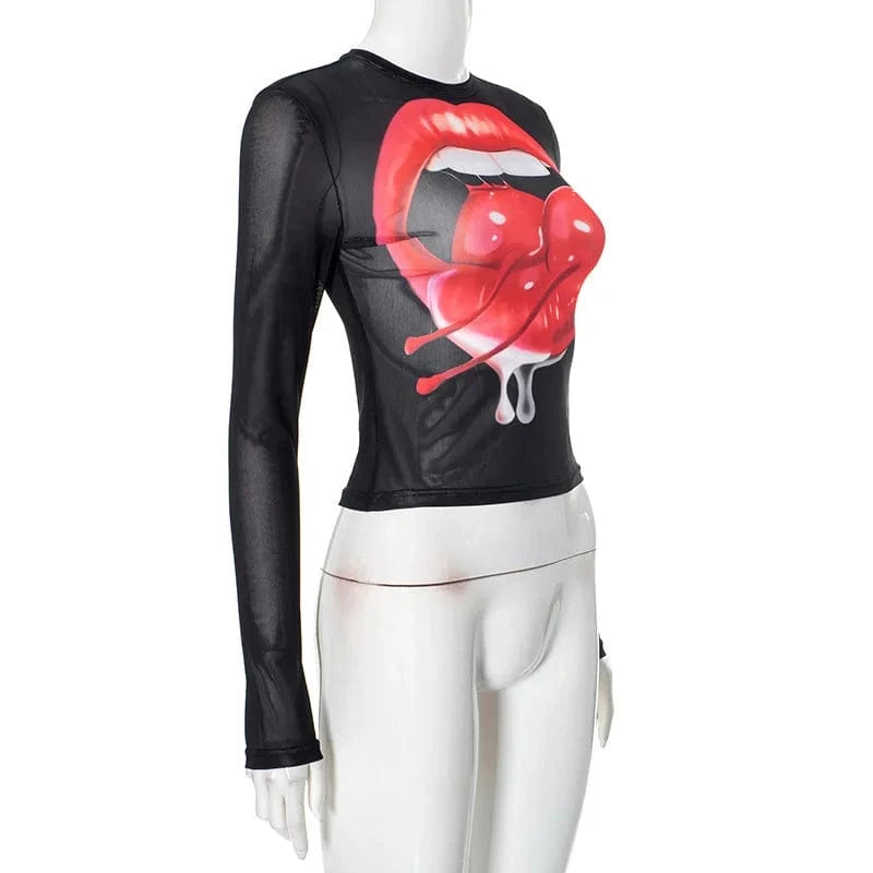 Joskaa Fashion 3D Print Mesh Y2K T-Shirts Women Hipster Sexy O-Neck Long Sleeve Crop Tops Party Club Graphic Tees Streetwear