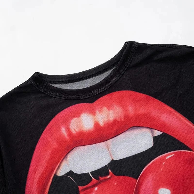 Joskaa Fashion 3D Print Mesh Y2K T-Shirts Women Hipster Sexy O-Neck Long Sleeve Crop Tops Party Club Graphic Tees Streetwear
