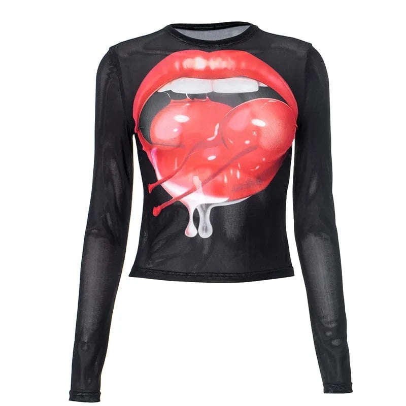Joskaa Fashion 3D Print Mesh Y2K T-Shirts Women Hipster Sexy O-Neck Long Sleeve Crop Tops Party Club Graphic Tees Streetwear