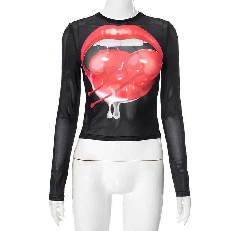 Joskaa Fashion 3D Print Mesh Y2K T-Shirts Women Hipster Sexy O-Neck Long Sleeve Crop Tops Party Club Graphic Tees Streetwear