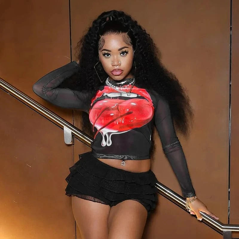 Joskaa Fashion 3D Print Mesh Y2K T-Shirts Women Hipster Sexy O-Neck Long Sleeve Crop Tops Party Club Graphic Tees Streetwear