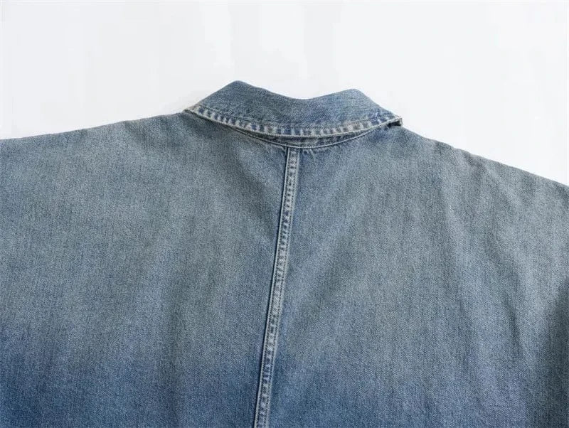 Joskaa Fashion Blue Denim Dress Women Hipster Lapel Zipper Pocket Full Sleeve Loose Mini Dresses 2025 Spring Vintage Streetwear