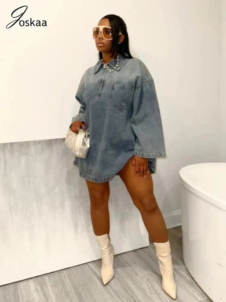 Joskaa Fashion Blue Denim Dress Women Hipster Lapel Zipper Pocket Full Sleeve Loose Mini Dresses 2025 Spring Vintage Streetwear