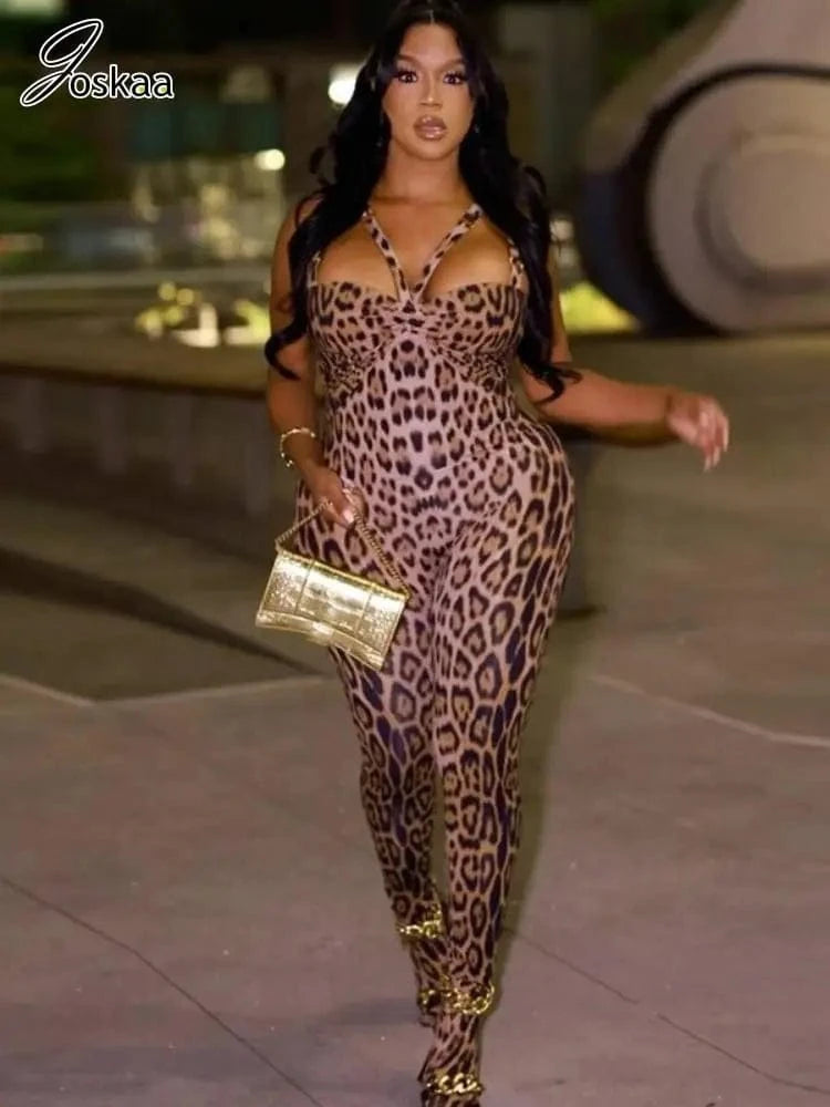 Joskaa Leopard Print Jumpsuits Women Hipster Sexy Spaghetti Strap Sleeveless Body-Shaping Rompers 2025 Party Clubwear Streetwear