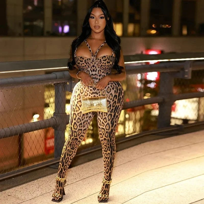 Joskaa Leopard Print Jumpsuits Women Hipster Sexy Spaghetti Strap Sleeveless Body-Shaping Rompers 2025 Party Clubwear Streetwear