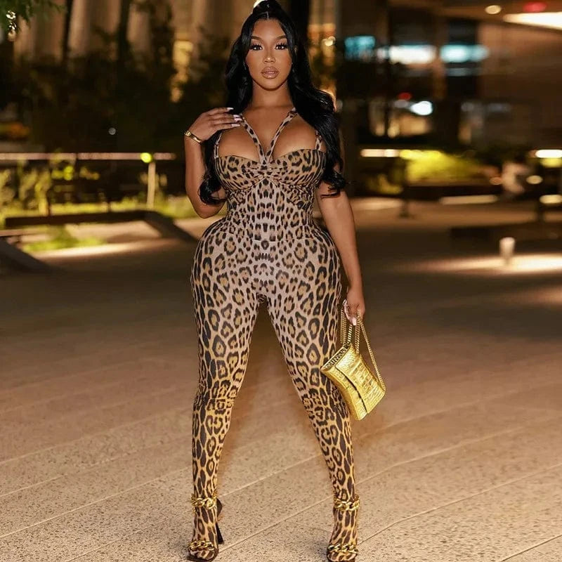 Joskaa Leopard Print Jumpsuits Women Hipster Sexy Spaghetti Strap Sleeveless Body-Shaping Rompers 2025 Party Clubwear Streetwear