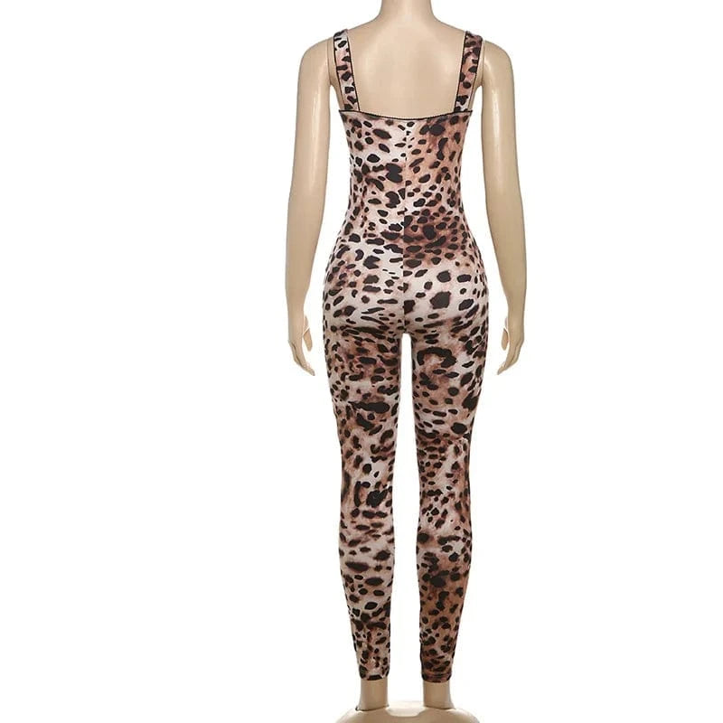 Joskaa Leopard Print Workout Jumpsuit Women Hipster Spaghetti Strap Sleeveless Lift Hips Romper 2025 Fashion Overalls Streetwear