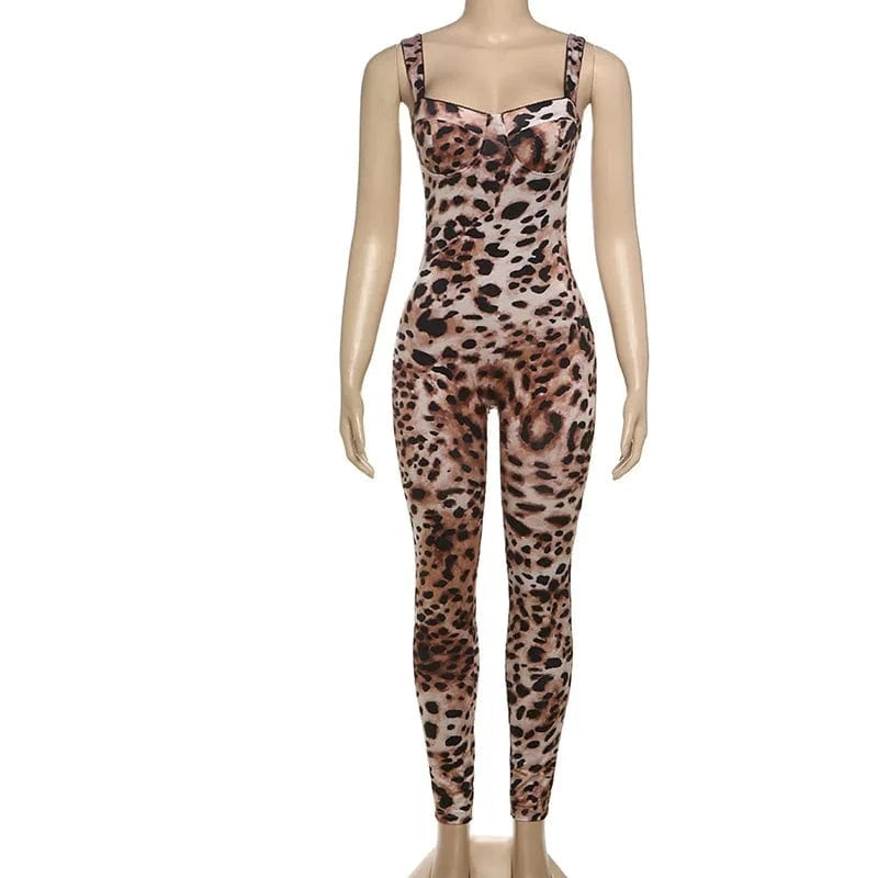 Joskaa Leopard Print Workout Jumpsuit Women Hipster Spaghetti Strap Sleeveless Lift Hips Romper 2025 Fashion Overalls Streetwear