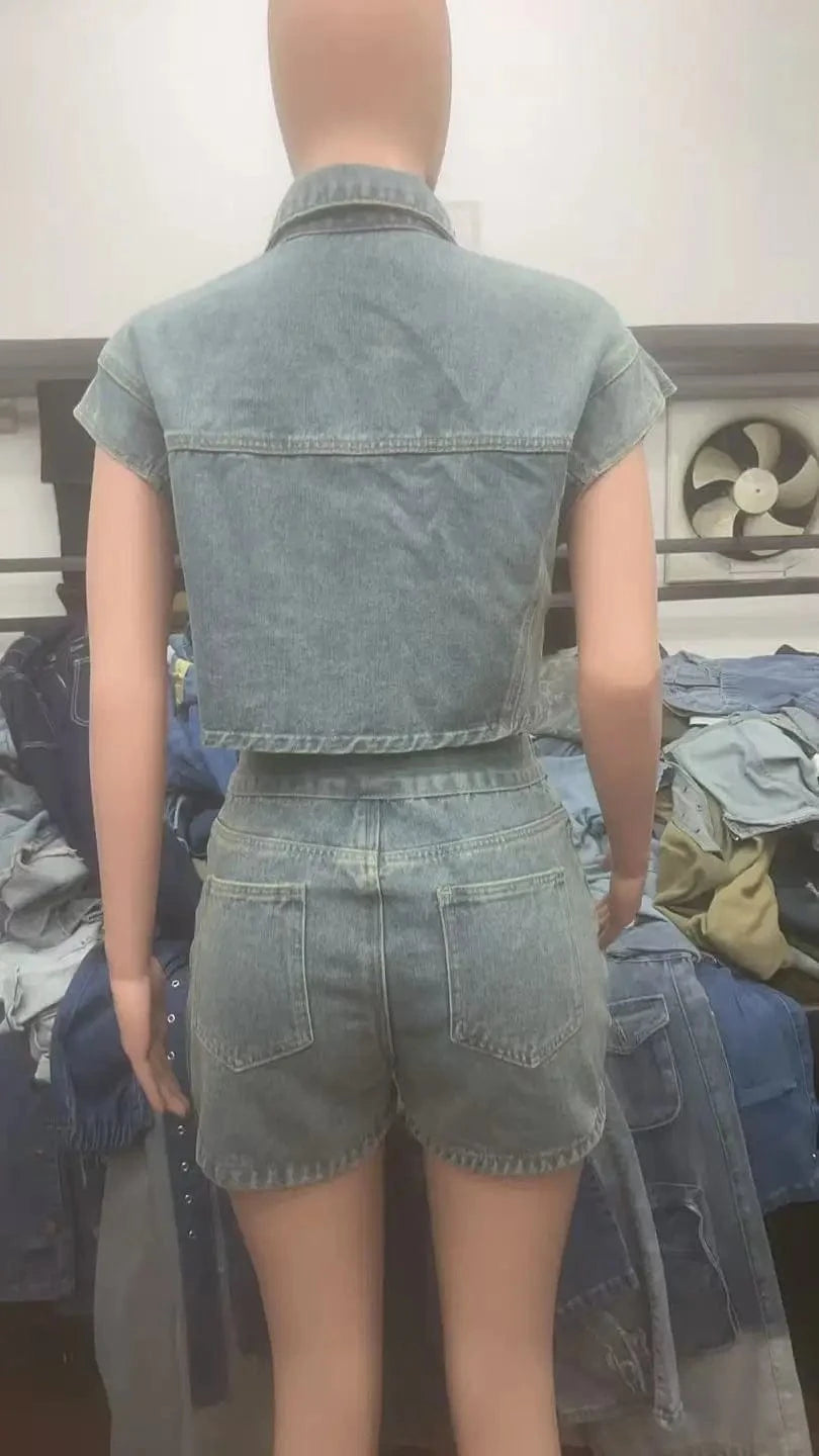 Joskaa Patchwork Stretch Denim 2 Piece Sets Women Lapel Button Pocket Tank Tops and Irregular Shorts Matching 2025 Streetwear