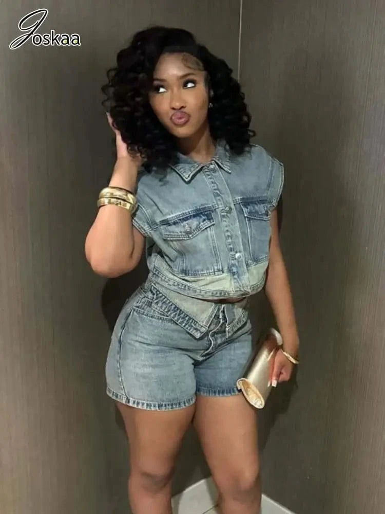 Joskaa Patchwork Stretch Denim 2 Piece Sets Women Lapel Button Pocket Tank Tops and Irregular Shorts Matching 2025 Streetwear