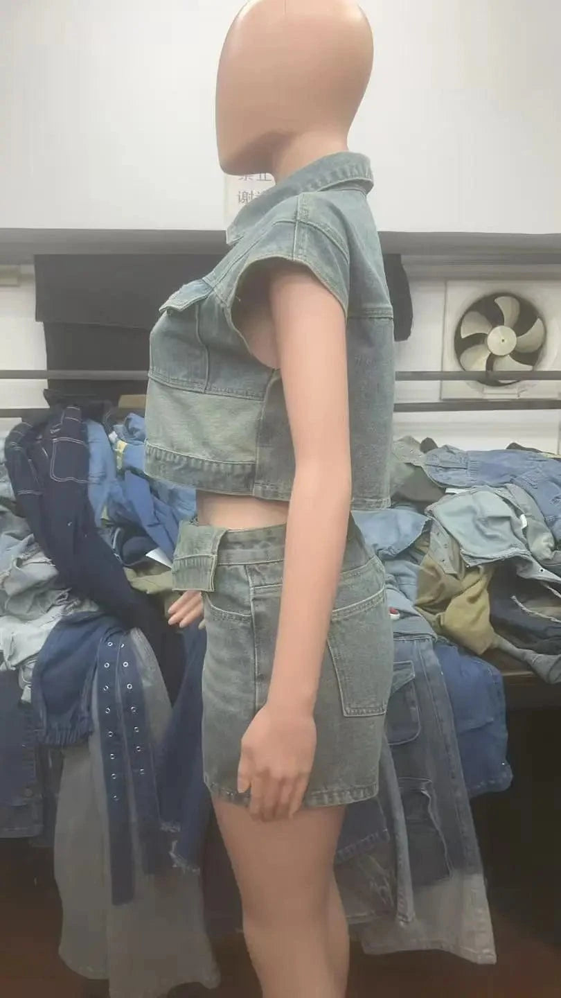 Joskaa Patchwork Stretch Denim 2 Piece Sets Women Lapel Button Pocket Tank Tops and Irregular Shorts Matching 2025 Streetwear