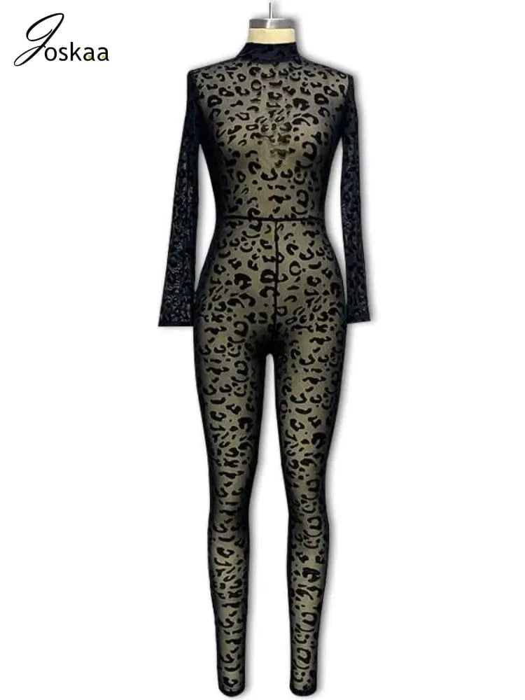 Joskaa Sexy Mesh Flocking Black Jumpsuit Women Stunning See Through Long Sleeve Skinny One Piece Overalls 2024 Night Club Outfit