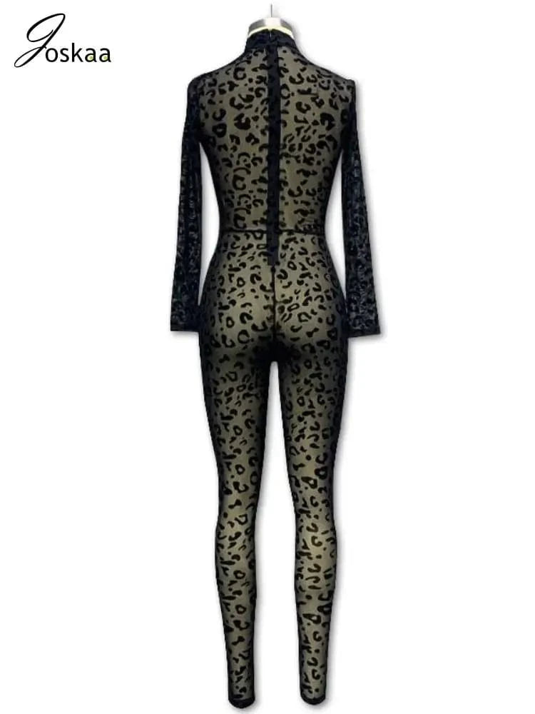 Joskaa Sexy Mesh Flocking Black Jumpsuit Women Stunning See Through Long Sleeve Skinny One Piece Overalls 2024 Night Club Outfit