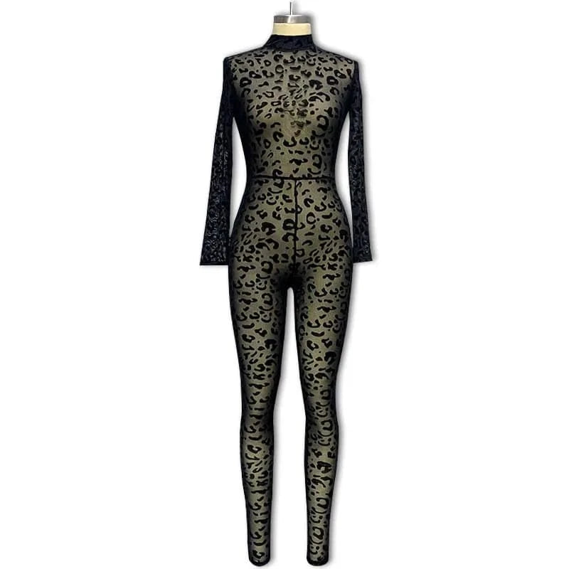 Joskaa Sexy Mesh Flocking Black Jumpsuit Women Stunning See Through Long Sleeve Skinny One Piece Overalls 2024 Night Club Outfit