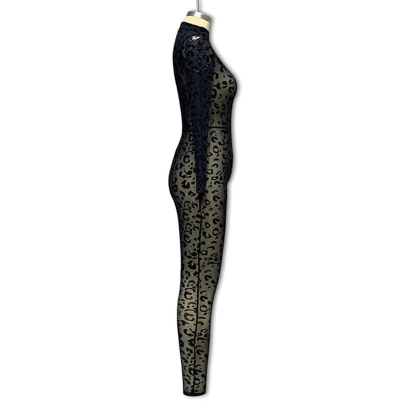 Joskaa Sexy Mesh Flocking Black Jumpsuit Women Stunning See Through Long Sleeve Skinny One Piece Overalls 2024 Night Club Outfit
