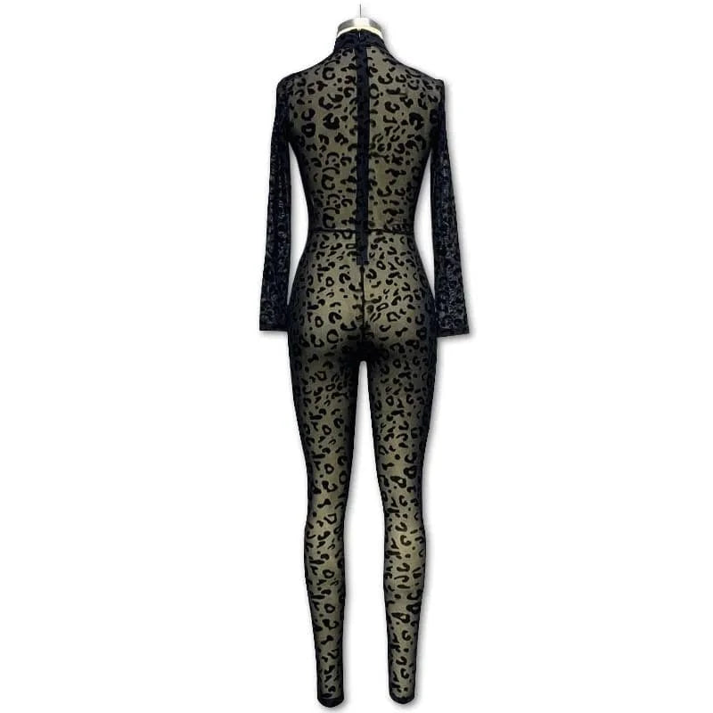 Joskaa Sexy Mesh Flocking Black Jumpsuit Women Stunning See Through Long Sleeve Skinny One Piece Overalls 2024 Night Club Outfit