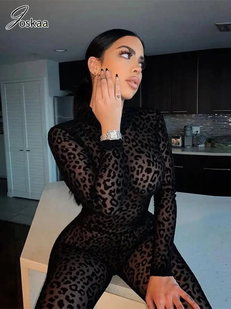 Joskaa Sexy Mesh Flocking Black Jumpsuit Women Stunning See Through Long Sleeve Skinny One Piece Overalls 2024 Night Club Outfit