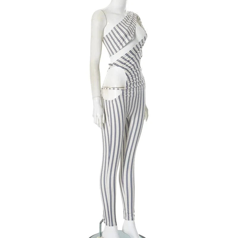 Joskaa Striped Print Cutout Jumpsuits Women Hipster Sexy Oblique Shoulder Backless Skinny One Piece Rompers Midnight Clubwear