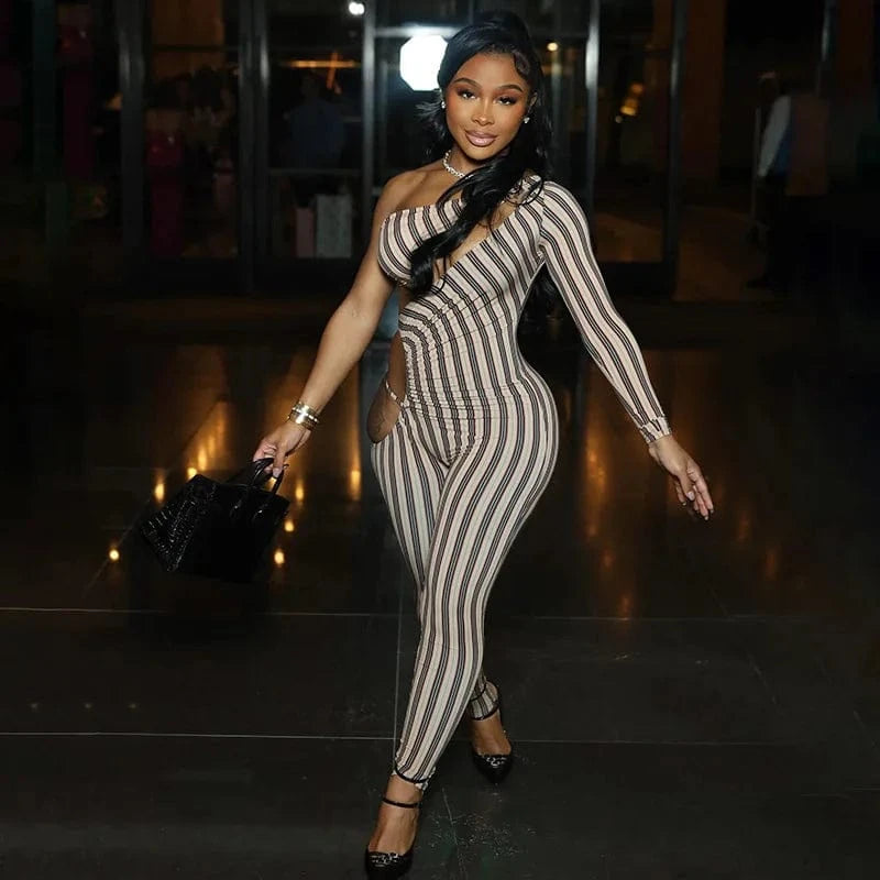 Joskaa Striped Print Cutout Jumpsuits Women Hipster Sexy Oblique Shoulder Backless Skinny One Piece Rompers Midnight Clubwear