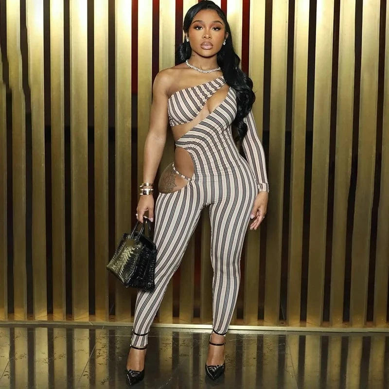 Joskaa Striped Print Cutout Jumpsuits Women Hipster Sexy Oblique Shoulder Backless Skinny One Piece Rompers Midnight Clubwear