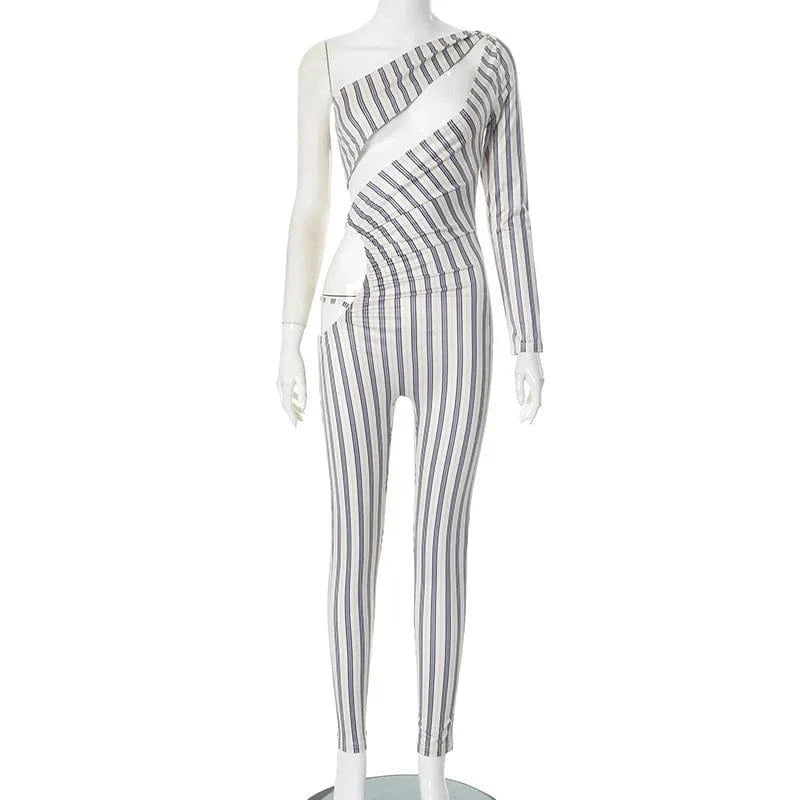 Joskaa Striped Print Cutout Jumpsuits Women Hipster Sexy Oblique Shoulder Backless Skinny One Piece Rompers Midnight Clubwear